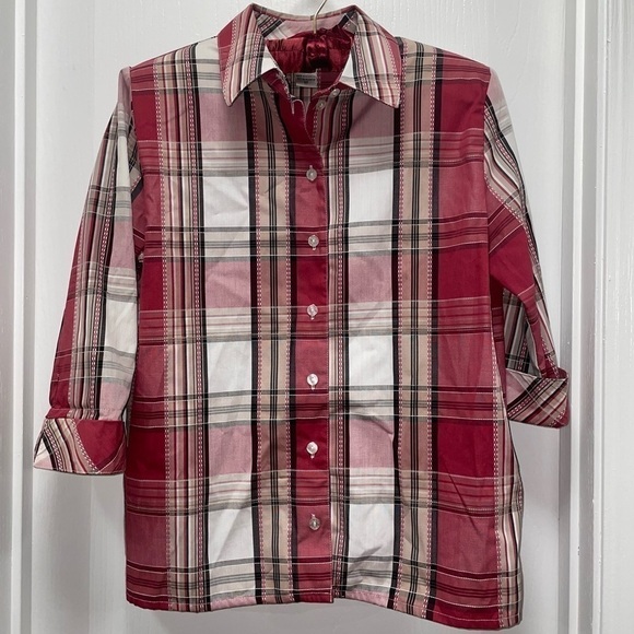 Allison Daley Petite Shirt Collar Button Up Plaid Stripe 3/4 Flip Split Cuff Top - Picture 12 of 12